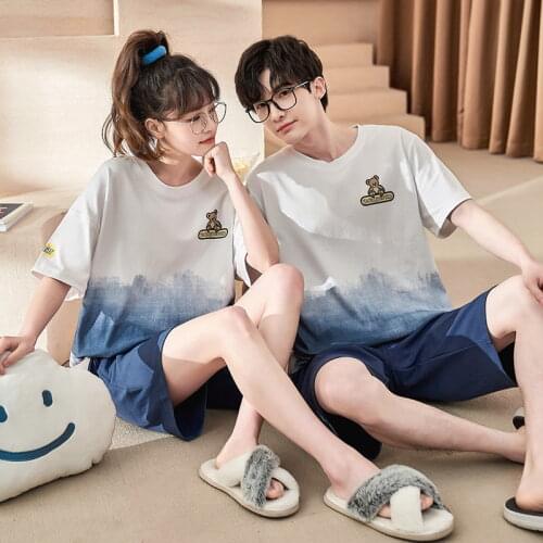 Korean Cute Women Pajamas Set Funny Japan Anime Doraemon Couple Sleepwear Couple Cotton Blue Stripe Short Sleeve Lovers Homewear