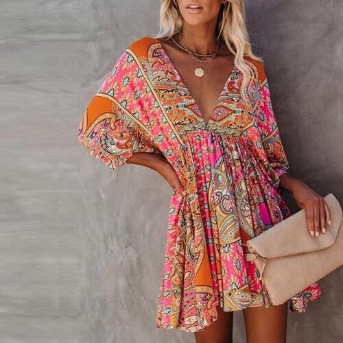 Dress Woman Summer 2021 V Neck High Waist Three Quarter Sleeve Midi Dress Printed Basic Casual Loose Retro Women Dress Vestidos