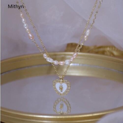 14k Gold Plated Necklace Freshwater Pearl Beads Necklaces for Women Clavicle Chain Charm Shell Heart Pendant Jewelry