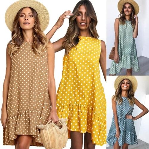 Plus Size Ruffled Vestidos Vintage Women Summer Dress 2021 Loose Mini Casual Dresses Female Sleeveless Blue Polka Dot Robe Dots