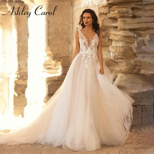 Ashley Carol A-Line Wedding Dress 2021 Classy V-Neck Beaded Appliques Bride Backless Sleeveless Tulle Flowy Beach Bridal Gown