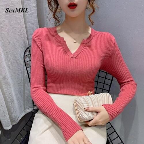 Women V Neck Sexy Sweaters 2020 Fashion Elgant Long Sleeve Ladies Tops Slim Korean Clothes Winter Knitted Casual Black Pullovers