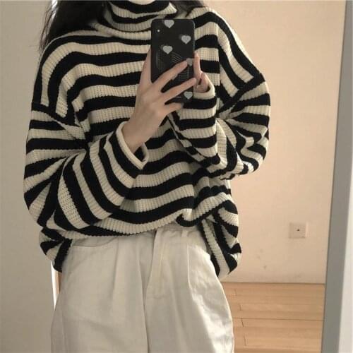 Retro Contrast Color Patchwork Turtleneck Thickened Sweater Loose Long Sleeve Pullover Sweaters Spring 2021 Women