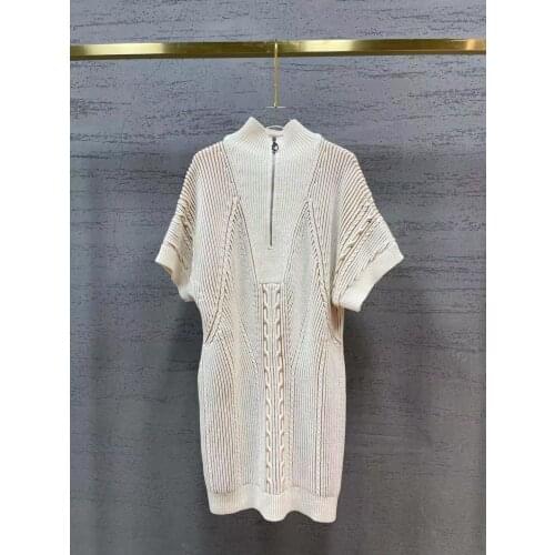 Womens Vertical Stripes Knit Dress Stand Collar Zipper Short-Sleeve Loose Knitwear 2021 Autumn Ladies Fashion Short Dress