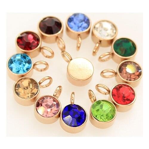 12pcs Rose Gold Color Birthstone DIY Birthday Stones 12 Months Stainless Steel Size 6*9mm Charms Pendants