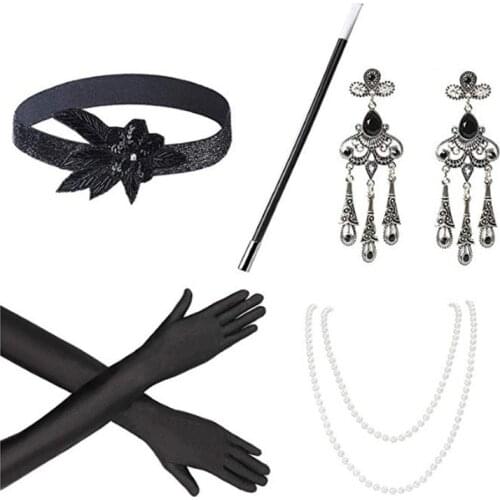 1920s Great Gatsby Accessories Set for Women 20s Costume Flapper Headband Pearl Necklace Bracelet Earring Cigarette Holder