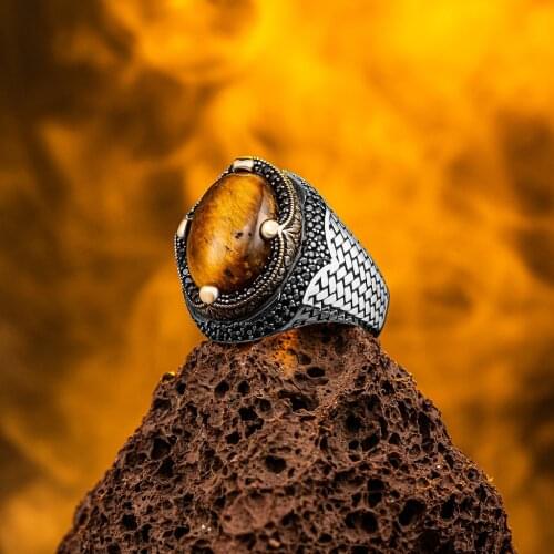 925 Sterling Silver Tiger Eye Stone Side and Surround Mini Zircon Decorated Stylish Tumbled Design Mens Ring