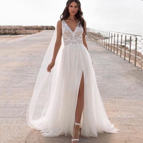 Bohemian Wedding Dress Lace 2021 Split Tank Organza Sleeveless A-Line Vintage Civil Bridal Gown Boho Charming Robe Unique Design