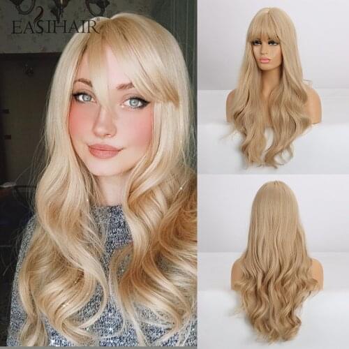 EASIHAIR Long Blonde Wavy Synthetic Wigs with Bangs Natural Wave Hair Wigs for Women Cosplay Daily Wigs Heat Resistant