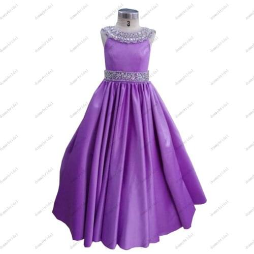 2021 Elegant Purple Princess Flower Girl Dresses for Wedding Party Crystal Beaded Satin Zipper Back Floor Length First Communion