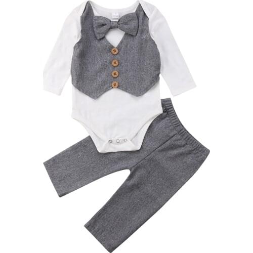 Newborn Infant Baby Boys Handsome Gentleman Causal Clothes 2PCS Long Sleeve Bow Grey Romper Tops+Long Pants Outfit Party Autumn