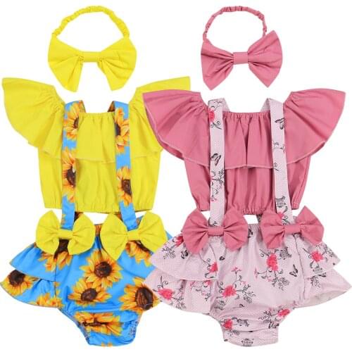 3Pcs Baby Girls Summer Outfits Off Shoulder Short Sleeve T Shirts Flowers Printed Bow Suspenders Shorts Headband 0-18M