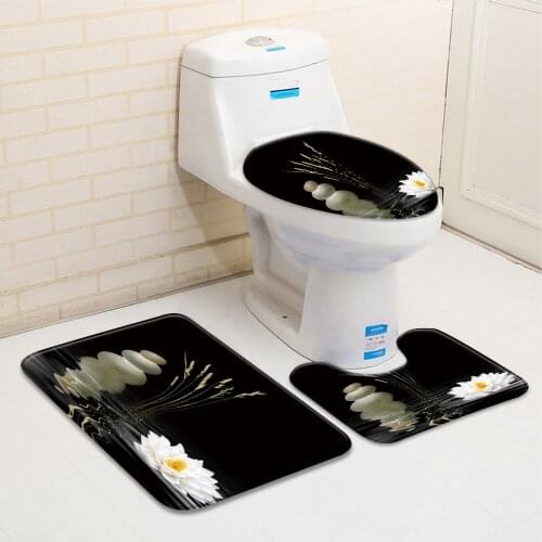 3pcs/Set Zen Garden Themed Bathroom Mat Stone Green Leaf Plant Pattern Flannel Bath Decor Bathtub Toilet Carpet Non-Slip Rug