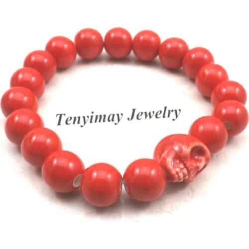 Red Skull Charm Bracelets 10mm Ceramic Beaded Elastic Bracelets For Halloween Gift 12pcs Wholesale