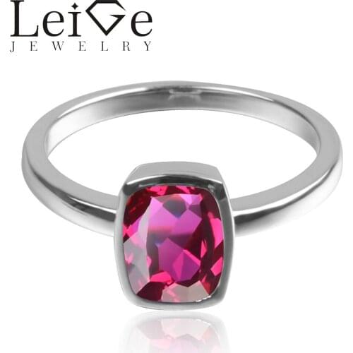 Leige Jewelry Lab Ruby Fine Jewelry 925 Sterling Silver July Birthstone Cushion Cut Engagement Solitaire Rings For Woman