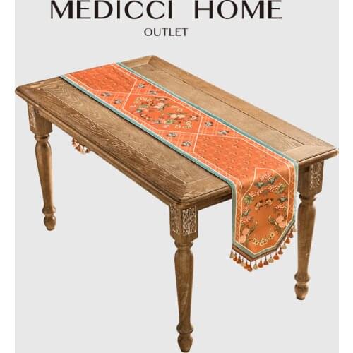 Medicci Home European Style Table Runner Hydrangea Flower Birds Print Retro Orange Velvet Table Cloth Romantic Dining Room Decor