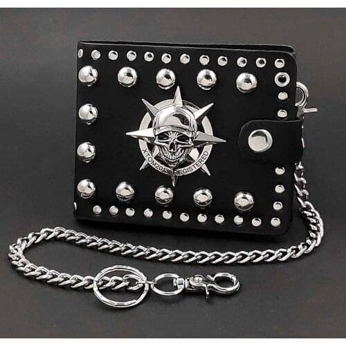 Skull Biker Mens Card Momey Leather Wallet Purse with Jean Key Chain