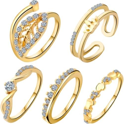 ZN 5pcs/Set Crystal Zircon Leaf Crown Wedding Ring Sets Heart Rings for Fingers Toes Women Jewelry Valentines Day Gifts
