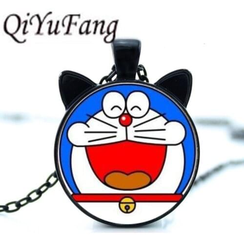 QiYuFang New 2018 Doraemon Necklace for pet lovers Cat Pendant with two ears Jewelry Glass Cabochon girls Gift for her