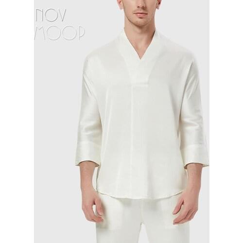 Novmoop casual style men spring summer breathable three quarter sleeve 19mm spandex silk yoga sleep shirt camisas chemise LT3067
