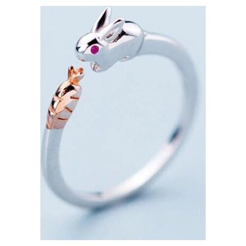 New Simple Cute Rabbit Bunny Creative 925 Sterling Silver Jewelry Sweet Animal Creative Exquisite Crystal Opening Rings SR536
