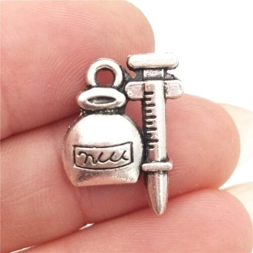 BULK 30pcs Lots Zinc Alloy Syringe Charms Antique Silver Plated Nurse Doctor Pendants DIY Metal Jewelry 14*18mm 1.9g