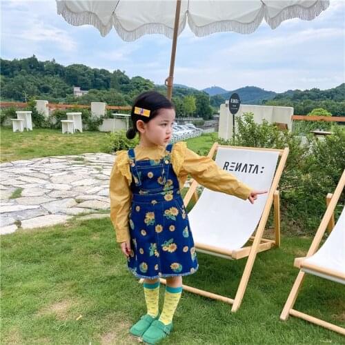 Autumn 2021 girls' dress sunflower denim strap dress jeans dress princess dress kids clothes girls autumn clothes