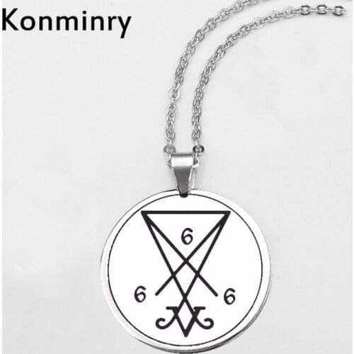 Konminry Satanic Sigil Of Lucifer Baphomet Lilith Pentagram Stainless Steel Necklace Round Pendant Link Chain New Jewelry