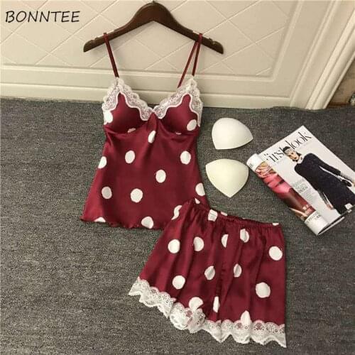 Pajama Sets Women Summer Spaghetti Strap Sexy Sleeveless All-match Polka Dot Club Thin Two Piece Set Korean Style Lace Sleepwear