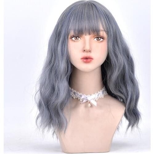 VICWIG Medium Length Curly Synthetic Hair Mixed Blue Grey Wig with Bangs for Women