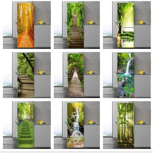 Vinyl 3D Visual Fridge Sticker Green Woods Wallpaper Refrigerator Poster Home Decoration Wall Decal Self Adhesive Freezer Murals