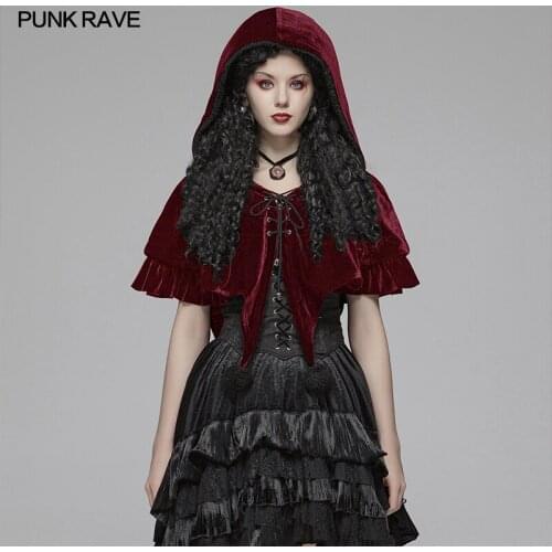 PUNK RAVE Womens Lolita Hooded Velvet Short Cloak Christmas Halloween Witch Cloak Front Centre Eyelet Piercing Rope Women Cape