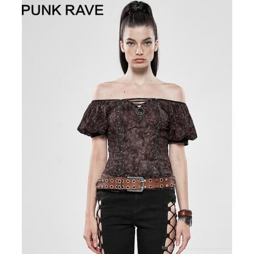 PUNK RAVE Womens Steampunk Fantasy Magic Short Sleeve T-shirt Flocking Chiffon Puff Sleeve Sexy Harajuku Tops Women