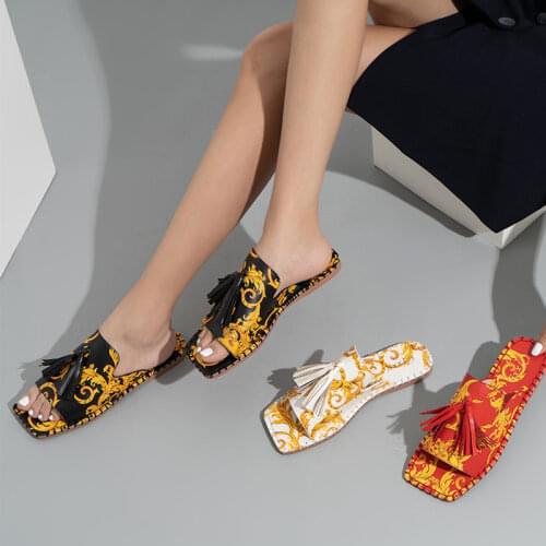 Women Home Summer Slippers Woman Retro Mules Tassel Totem Square Toe Slides Ladies Casual Flats Female Comfortable Plus Size