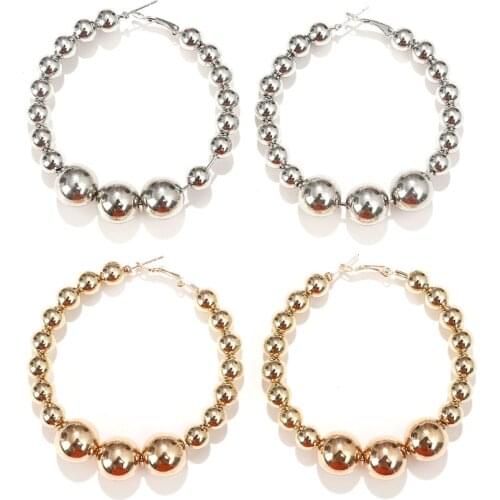 Trendy Oversize Gold Color Beaded Hoop Earrings For Women Vintage Beads Big Circle Earrings Fashion Statement Brincos Jewelry