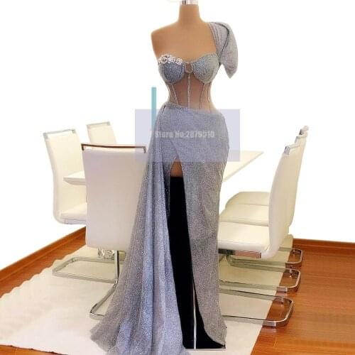 Bling Gray Mermaid Evening Dress Floor-Length One Shoulder Sequins Prom Dress Robe De Soiree Aibye Night Vestidos 2020 Dubai