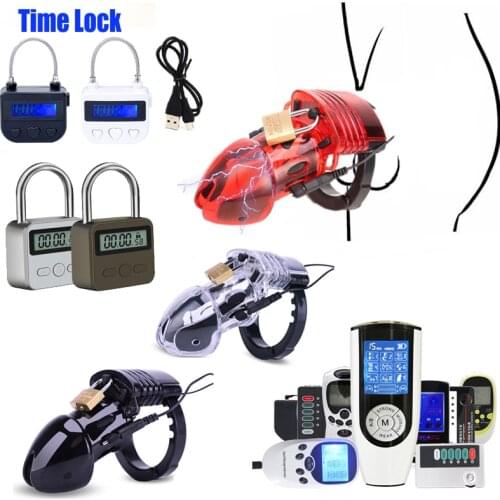 Electro Shock CB6000 Cock Cage Sex Ball Stretcher BDSM Bondage Timer Lock Chastity Belt Electro Stimulate Penis Ring Men Sex Toy