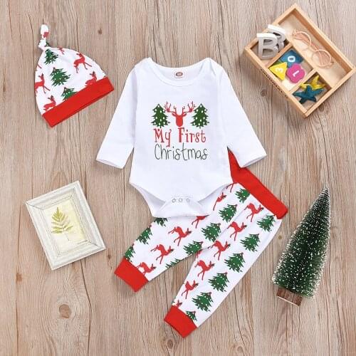 0-12Months Autumn Winter Christmas Newborn Kids Baby Girl Boys Outfits Clothes 3Pcs Romper+Pants+Hat Set traje papa noel bebe M5