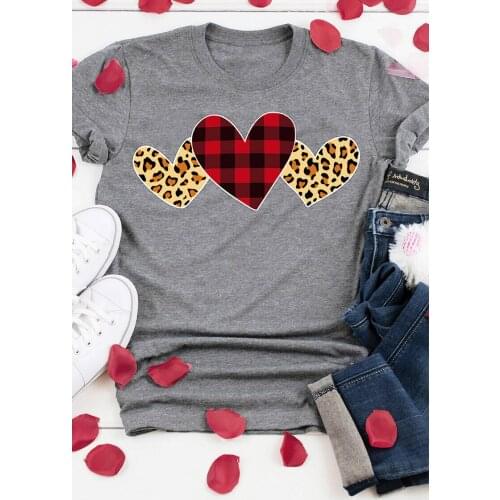Plaid Leopard Printed Heart T-Shirt Fashion Clothing Casual Valentines Day gift Plaid Leopard Heart Colored Tops Casual Tees