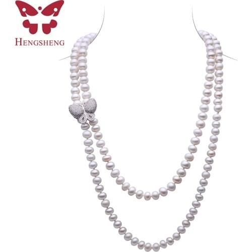 HENGSHENG White Freshwater Pearl Jewelry Necklace For Women,120cm Length Long Necklace,Bread Round Pearl With Butterfly Buckle