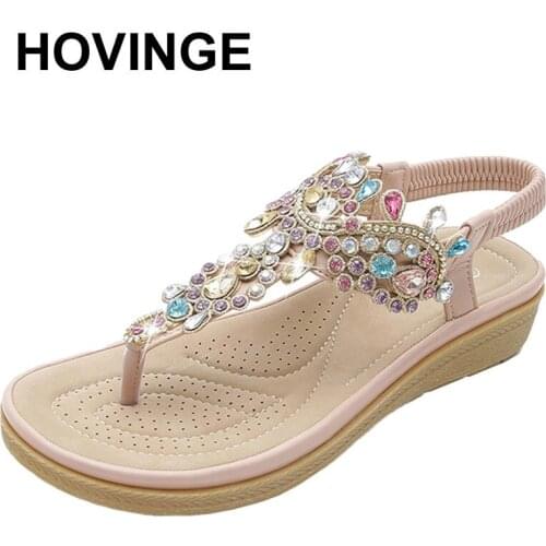 HOVINGE Womens Shoes Bohemian Style Breathable Fashion Beach Rhinestone Flat Wedge Sandals Fashion Breathable Flip-flop Sandals