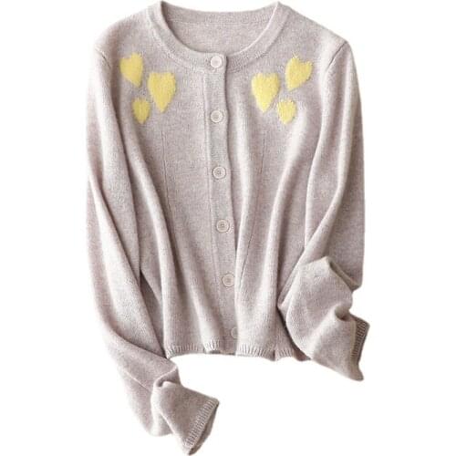 SHUCHAN Cardigan Women 100% Cashmere Single Breasted Casual Heart Shape Short Style Spring Fall Clothes for Women