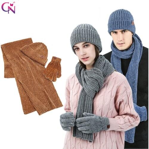 2021 Unisex Beanies Hat Scarf Gloves Set Winter Soft Chenille Knitted Thick Warm Cap Women Men Solid Retro 3 Pcs Skullies Beanie