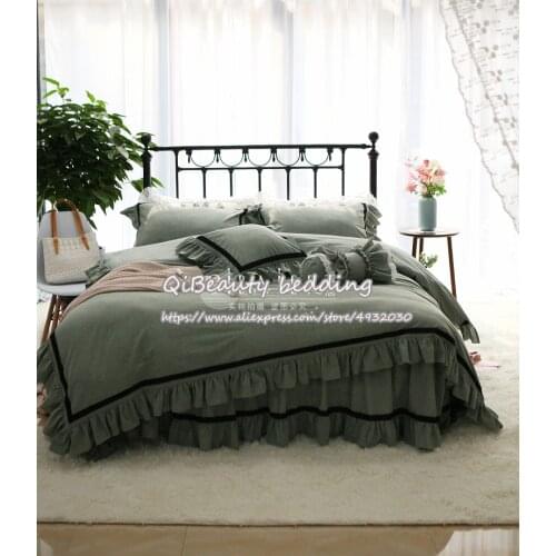 Korean princess style pure color simple lace washed cotton bedding for home duvet cover
