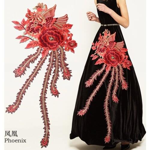 Chinese style SUPER large colour Phoenix peony lace embroidery lace patches Applique for DIY dress size:32*74cm