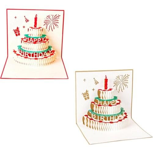 Hot Happy Birthday Postcard Greeting Gift Cards Paper 3D Handmade Up Laser Cut Vintage Cake with Envelope