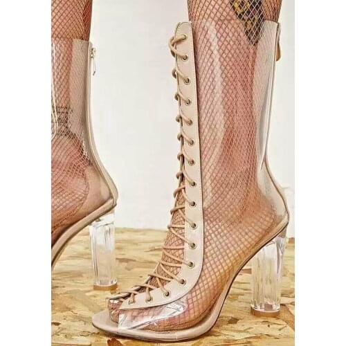 LTTL Latest Transparent Film PVC Peep Toe Rome High Heel Boots Women Lace-up Mid-calf Boots Sexy Woman transparent boots Woman