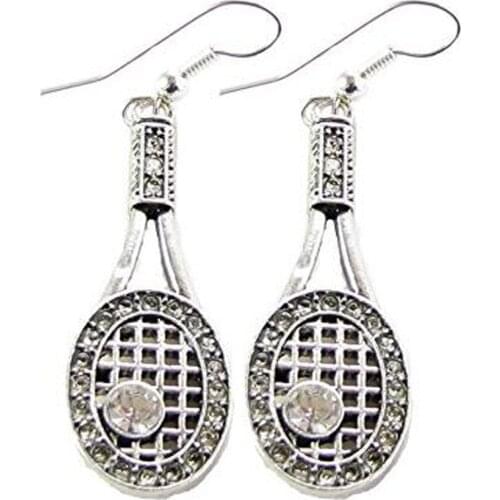 Tennis Racquet & Ball Clear Crystals Fashion Dangle Earrings
