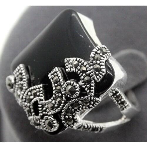 Fashion design Square 925 Sterling Silver 22*20mmNatural Black Natural Stone Gems Marcasite Ring Size 7/8/9/10