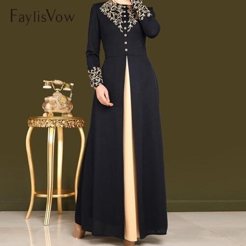Gold Stamping Printing Muslim Dress Women Dubai Abaya Black Robe Long Sleeve Cardigan Kaftan Elegant Design Maxi Dresses Clothes